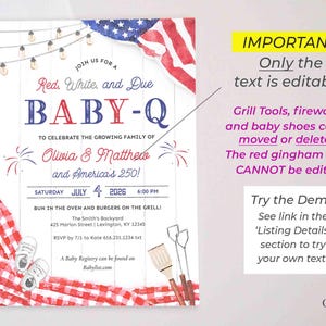 May include: Baby-Q invitation with red, white, and blue theme. Features text: "Red, White, and Due BABY-Q" to celebrate Olivia & Matthew's growing family. Includes date, time, and RSVP information. Includes baby shoes and grill tools.