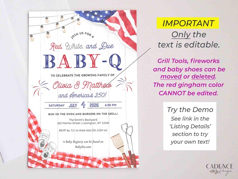 May include: Baby-Q invitation with red, white, and blue theme. Features text: "Red, White, and Due BABY-Q" to celebrate Olivia & Matthew's growing family. Includes date, time, and RSVP information. Includes baby shoes and grill tools.