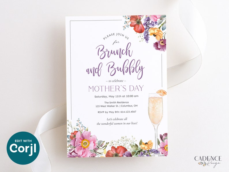 May include: A white invitation card with a floral design and text that reads "Please join us for Brunch and Bubbly - to celebrate - Mother's Day". The invitation includes details for the event, including the date, time, location, and RSVP information.