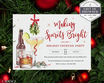 May include: A white invitation card with red and gold lettering. The invitation is for a holiday cocktail party. The text reads "Making Spirits Bright - join us for a - Holiday Cocktail Party. Saturday, December 11, 2021, 6:00 PM. Wear your favorite plaid or festive attire and join us for some holiday cheer! The Smith Residence | 123 Juniper Lane, Columbus, OH. RSVP to Stacy: 123-456-7890."
