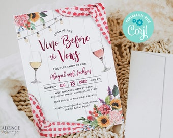 Winery Couples Shower Invite, Vino Before Vows Invitation, Wine Themed Rehearsal Dinner Invite, Outdoor Winery Bridal Shower Printable Corjl