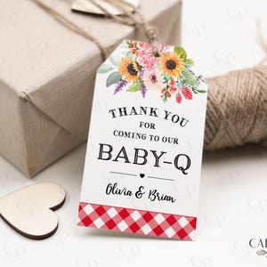 Etiquetas para lembrancinhas Baby-Q, etiquetas para lembrancinhas de chá de bebê para churrasco, etiquetas BabyQ para impressão, churrasco para chá de bebê, etiquetas para lembrancinhas vermelhas e de girassol, faça você mesmo editável, BQR