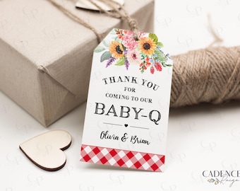 Etiquetas de regalo Baby-Q, etiquetas de regalo para baby shower con barbacoa, etiquetas imprimibles BabyQ, etiquetas de regalo con temática de barbacoa para baby shower, etiquetas de regalo rojas y girasoles, etiquetas editables DIY, BQR