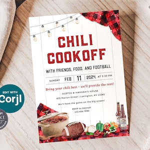 Op de afbeelding: Een rode en zwarte geruite uitnodiging voor een chili-kookwedstrijd met vrienden, eten en voetbal. De uitnodiging toont een rode chili-pot, een voetbal en een fles bier. De tekst op de uitnodiging luidt "Chili Cookoff" en bevat de datum, tijd en locatie van het evenement.