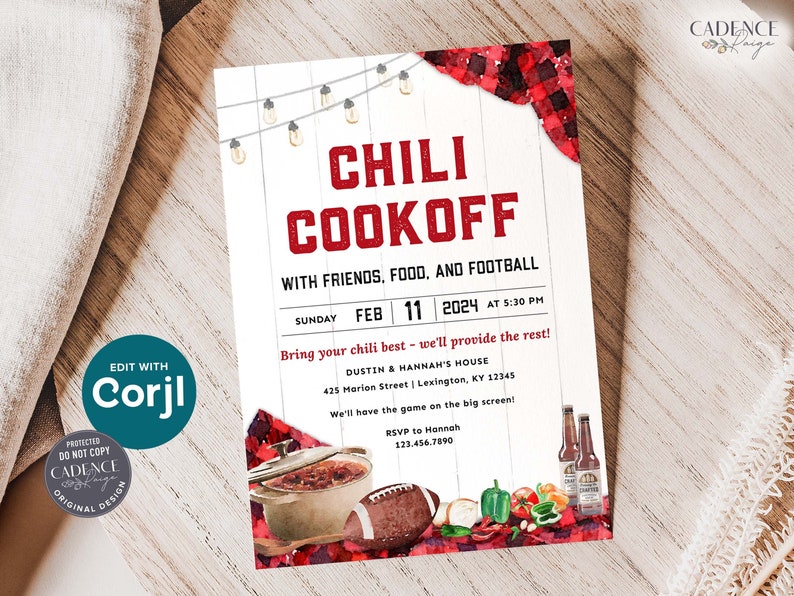 May include: A red and black plaid invitation for a chili cookoff with friends, food, and football. The invitation features a red chili pot, a football, and a bottle of beer. The text on the invitation reads "Chili Cookoff" and includes the date, time, and location of the event.