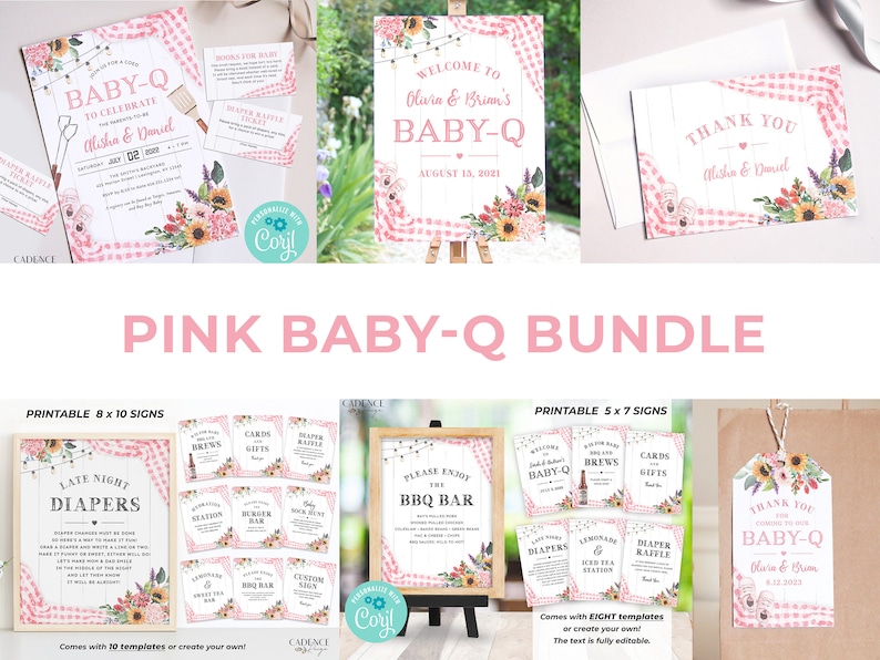 May include: Printable pink and white baby shower signs with a gingham pattern and floral accents. The signs include welcome, late night nappies, cards and gifts, nappy raffle, brews, BBQ bar, and thank you. The signs are perfect for a baby shower or a baby-Q.
