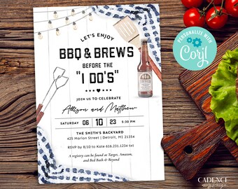BBQ Couples Shower Invitation, BBQ and Brews Invitation, bbq rehearsal invitation, Navy BBQ Couples Shower Invite, Printable, Corjl, NQ2
