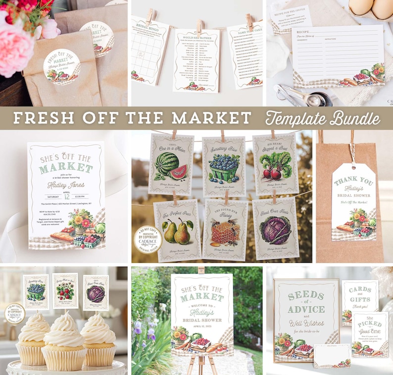 Celebrate the bride with a farmers market bridal shower letting everyone know She's Off the Market! The designs in this bundle feature watercolor illustrations of market items like fresh cut flowers, ripe vegetables, mixed berries, and neutral colored gingham; setting the stage for a charming celebration. This set includes the invitation, table signs for advice, favors, etc., games, recipe cards, fruit & veggie garland decor, cupcake toppers, stickers, favor tags, thank yous, and welcome signs.