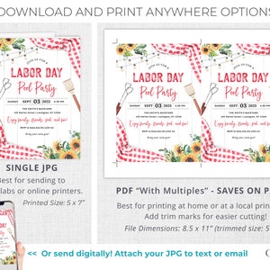 May include: A printable invitation for a Labor Day pool party. The invitation features a red and white gingham pattern, sunflowers, and string lights. The text on the invitation reads "Join us for a Labor Day Pool Party" and includes the date, time, and location of the party. The invitation is available in both single JPG and PDF formats.