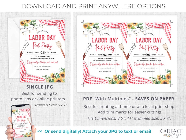 May include: A printable invitation for a Labor Day pool party. The invitation features a red and white gingham pattern, sunflowers, and string lights. The text on the invitation reads "Join us for a Labor Day Pool Party" and includes the date, time, and location of the party. The invitation is available in both single JPG and PDF formats.