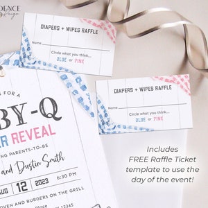 Puede incluir: Dos boletos de rifa de revelaci&oacute;n de g&eacute;nero azul y rosa con fondo blanco. El texto en los boletos dice "Diapers + Wipes Raffle". Los invitados pueden marcar azul o rosa para adivinar el sexo del beb&eacute;.