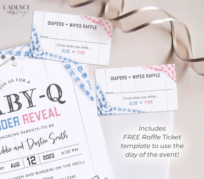 Puede incluir: Dos boletos de rifa de revelaci&oacute;n de g&eacute;nero azul y rosa con fondo blanco. El texto en los boletos dice "Diapers + Wipes Raffle". Los invitados pueden marcar azul o rosa para adivinar el sexo del beb&eacute;.