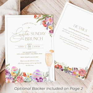 K&ouml;nnte beinhalten: Eine florale Einladung zu einem Oster-Sonntagsbrunch. Die Einladung zeigt eine Aquarell-Illustration von Blumen, Eiern und einem Glas Mimosa. Der Text lautet "Bitte schlie&szlig;en Sie sich uns zum Oster-Sonntagsbrunch an" und enth&auml;lt das Datum, die Uhrzeit und den Ort der Veranstaltung.