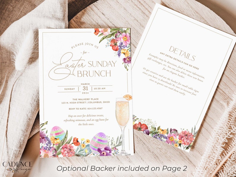 K&ouml;nnte beinhalten: Eine florale Einladung zu einem Oster-Sonntagsbrunch. Die Einladung zeigt eine Aquarell-Illustration von Blumen, Eiern und einem Glas Mimosa. Der Text lautet "Bitte schlie&szlig;en Sie sich uns zum Oster-Sonntagsbrunch an" und enth&auml;lt das Datum, die Uhrzeit und den Ort der Veranstaltung.
