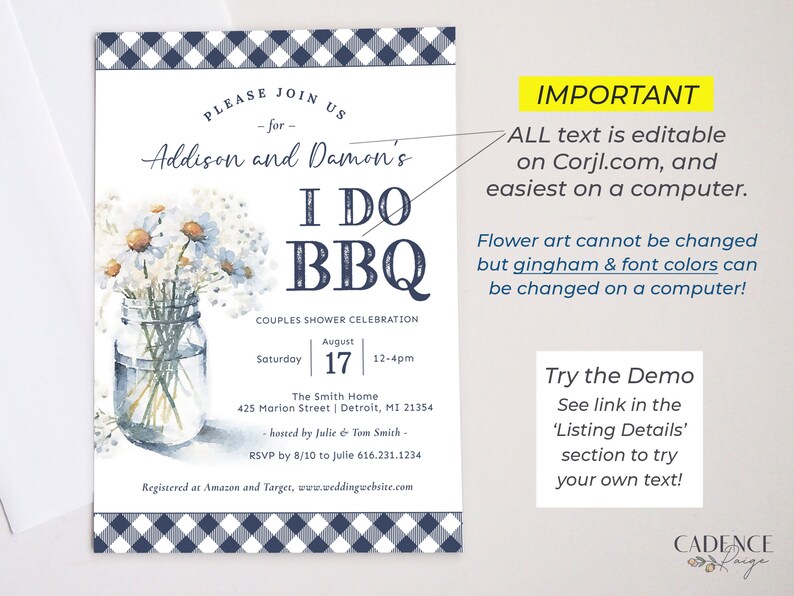Invitation for BBQ Couples Shower in Navy I Do BBQ Shower Invitation with Daisies in Mason Jar and Navy Gingham Digital Invitation for BBQ image 5