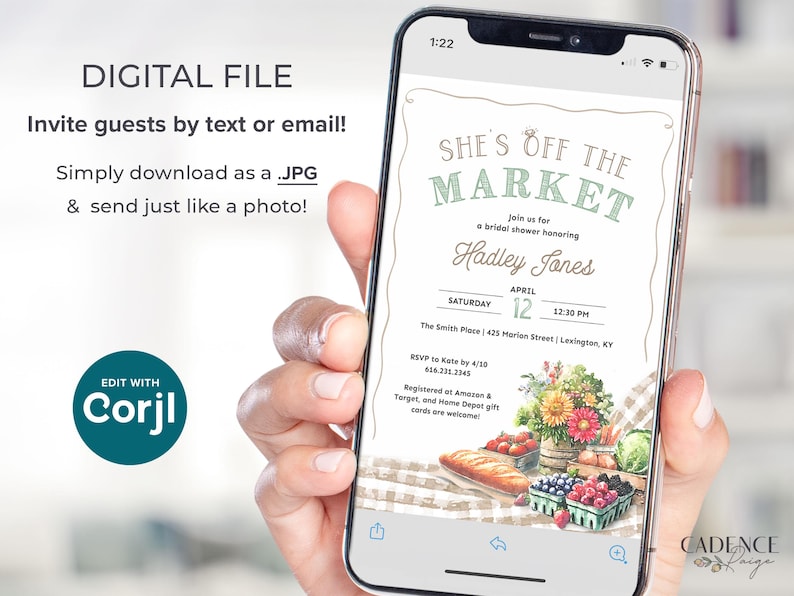 May include: A smartphone displays a bridal shower invitation with the text "She's Off The Market." The invitation includes details for Hadley Jones, date, time, and location. The design features watercolor illustrations of flowers, berries, and bread.