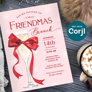This preppy Friendmas party invitation features a big red bow tied around a glass of bubbly, perfect for a girls holiday brunch or party with friends! It says "You're Invited to a Merry Friendmas Brunch" against a snowy pink background.