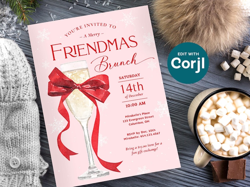 This preppy Friendmas party invitation features a big red bow tied around a glass of bubbly, perfect for a girls holiday brunch or party with friends! It says "You're Invited to a Merry Friendmas Brunch" against a snowy pink background.