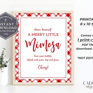 May include: Printable 8x10 sign with a red and white gingham pattern border. The sign says "Have Yourself A Merry Little Mimosa" and includes instructions to "Pour some bubbly, Splash with juice, Top with fruit. Cheers!"