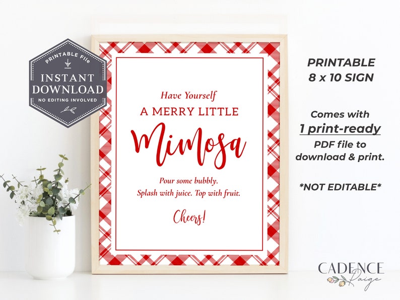 May include: Printable 8x10 sign with a red and white gingham pattern border. The sign says "Have Yourself A Merry Little Mimosa" and includes instructions to "Pour some bubbly, Splash with juice, Top with fruit. Cheers!"
