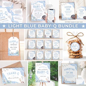 Blue BabyQ Shower Invitation Bundle, BBQ Baby Shower, Light Blue Boy BabyQ bundle set, Diaper Raffle Favor Tags Welcome Sign Shower Decor