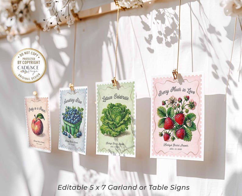 Fresh Off the Market Bridal Shower Banner featuring 18 unique 5x7 hanging signs, each adorned with vibrant fruit and vegetable illustrations and clever love-themed puns. Perfect for adding a fresh, rustic feel to your bridal shower, bachelorette party, or engagement celebration! Hang them all together as a statement piece or scatter them around the venue for a playful touch. Whether displayed indoors or outdoors, this bunting brings a pop of color and a dash of wit to your special day!