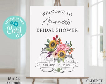 Summer Bridal Shower Welcome Sign, Bridal Shower with mason jars welcome sign, Wildflower Bridal Shower Sign, printable, editable, M20, W2