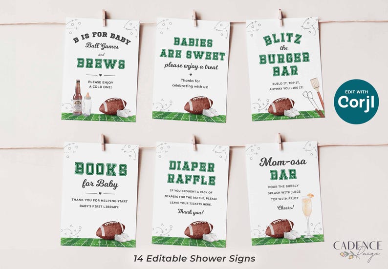 Może przedstawiać: Zestaw 14 edytowalnych znak&oacute;w na baby shower z grafiką piłki nożnej i boiska. Znaki zawierają frazy takie jak "B is for Baby Ball Games and Brews", "Babies are Sweet" i "Mom-osa Bar".
