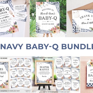 Baby-Q Shower Decor Bundle, Navy Gingham Baby-Q Decorations, BabyQ Shower Signs, Couples Shower Baby BBQ Decorations, Blue BabyQ, Corjl, BQN