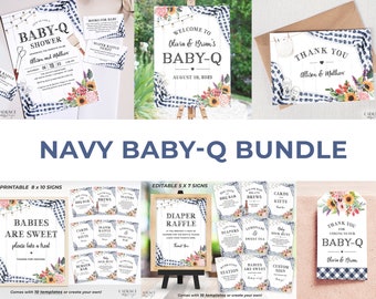 Baby-Q Shower Decor Bundle, Navy Gingham Baby-Q Decorations, BabyQ Shower Signs, Couples Shower Baby BBQ Decorations, Blue BabyQ, Corjl, BQN