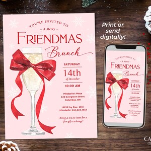 This pink and red Friendmas invitation features a big red bow tied around a glass of bubbly, perfect for a preppy Christmas brunch or holiday party with friends! It says "You're Invited to a Merry Friendmas Brunch" against a snowy pink background.