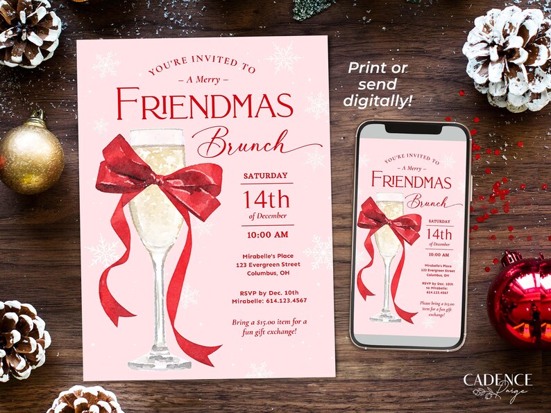 This pink and red Friendmas invitation features a big red bow tied around a glass of bubbly, perfect for a preppy Christmas brunch or holiday party with friends! It says "You're Invited to a Merry Friendmas Brunch" against a snowy pink background.