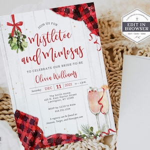 May include: A red and white plaid invitation for a bridal shower with the text "Mistletoe and Mimosas" to celebrate Olivia Williams. The invitation includes details about the date, time, location, and RSVP information.