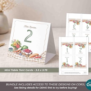 May include: Mini table tent cards with watercolor illustrations of vegetables and flowers. The cards feature table numbers 1, 2, 3, and 4. The cards are 3.5 x 3.75 inches in size. The text "Table Number" is at the top of the card.