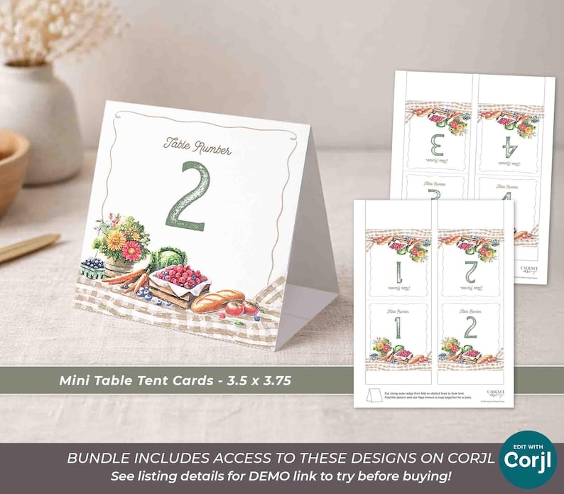 May include: Mini table tent cards with watercolor illustrations of vegetables and flowers. The cards feature table numbers 1, 2, 3, and 4. The cards are 3.5 x 3.75 inches in size. The text "Table Number" is at the top of the card.