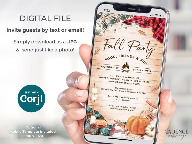 Digital Fall Party invitation that features a rustic wood background with different colors of cozy flannels draped in each corner, along with twinkling string lights, pumpkins, and s'mores. The invite says "Fall Party" in bold script in the center.