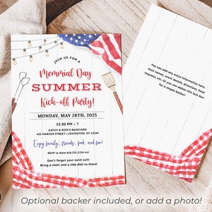 A Memorial Day Party invitation that can be printed or texted to guests. The design has a red, white, and blue American flag in the background along with red checkered picnic gingham. The text on the invitation reads: 'Join us for a Memorial Day Summer Kick-off Party! with Date, Time, and Location. Enjoy family, friends, food, and fun! RSVP info. Don't forget your swim suit! Bring a chair and a side dish to share!' The invitation can be personalized in Corjl.