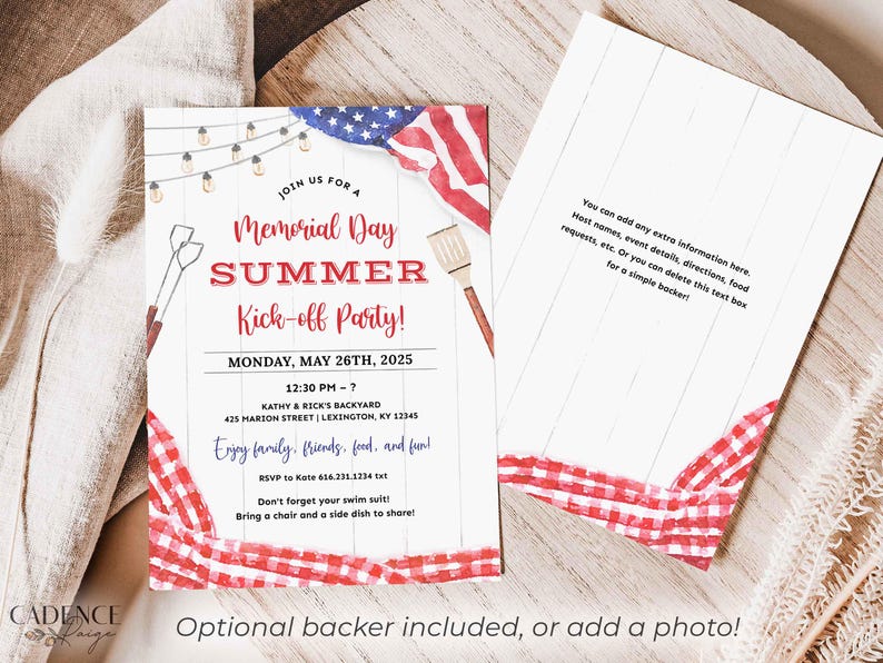 A Memorial Day Party invitation that can be printed or texted to guests. The design has a red, white, and blue American flag in the background along with red checkered picnic gingham. The text on the invitation reads: 'Join us for a Memorial Day Summer Kick-off Party! with Date, Time, and Location. Enjoy family, friends, food, and fun! RSVP info. Don't forget your swim suit! Bring a chair and a side dish to share!' The invitation can be personalized in Corjl.