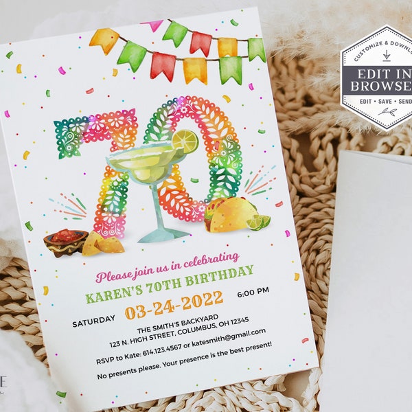 70th Birthday Party Invitation, 70th Surprise Party Invitation, Taco Themed Party Invite, 70th Fiesta Invite, DIY, Corjl, Printable, A24