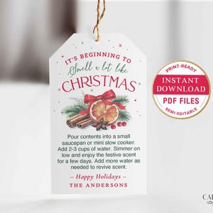 Puede incluir: Una etiqueta de regalo blanca con tem&aacute;tica navide&ntilde;a con el texto "It's beginning to smell a lot like Christmas". La etiqueta presenta ilustraciones de palitos de canela, una rodaja de naranja y un lazo rojo. Un gr&aacute;fico circular dice "Print-Ready Instant Download PDF Files Semi-Editable."
