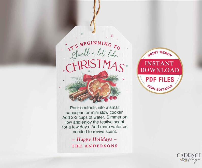 Puede incluir: Una etiqueta de regalo blanca con tem&aacute;tica navide&ntilde;a con el texto "It's beginning to smell a lot like Christmas". La etiqueta presenta ilustraciones de palitos de canela, una rodaja de naranja y un lazo rojo. Un gr&aacute;fico circular dice "Print-Ready Instant Download PDF Files Semi-Editable."