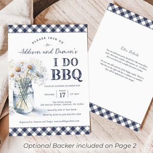 Invitation for BBQ Couples Shower in Navy I Do BBQ Shower Invitation with Daisies in Mason Jar and Navy Gingham Digital Invitation for BBQ image 8