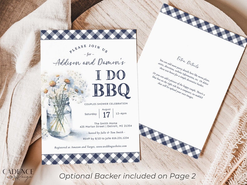 Invitation for BBQ Couples Shower in Navy I Do BBQ Shower Invitation with Daisies in Mason Jar and Navy Gingham Digital Invitation for BBQ image 8