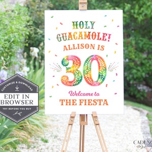 Pu&ograve; includere: Un cartello bianco con testo colorato e coriandoli che annuncia una festa di compleanno per i 30 anni con il testo "Holy Guacamole! Allison ha 30 anni. Benvenuti alla Fiesta."