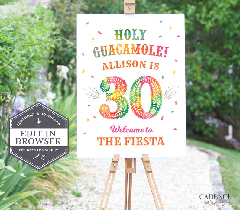 Pu&ograve; includere: Un cartello bianco con testo colorato e coriandoli che annuncia una festa di compleanno per i 30 anni con il testo "Holy Guacamole! Allison ha 30 anni. Benvenuti alla Fiesta."