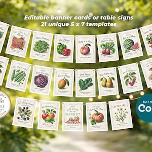 Letreros de "Recién salidos del mercado", decoraciones para mercados de agricultores, guirnaldas rústicas de frutas y verduras para despedidas de soltera con temática de mercado agrícola, personalizables y de estilo vintage.