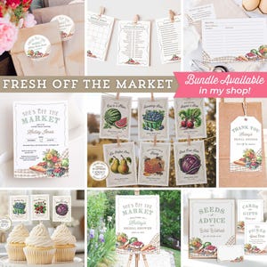 May include: A set of printable bridal shower decorations with a fresh off the market theme. The decorations feature a variety of fruits, vegetables, and other garden-themed imagery. The text on the decorations includes "She's Off the Market", "Seeds of Advice", and "Cards & Gifts".