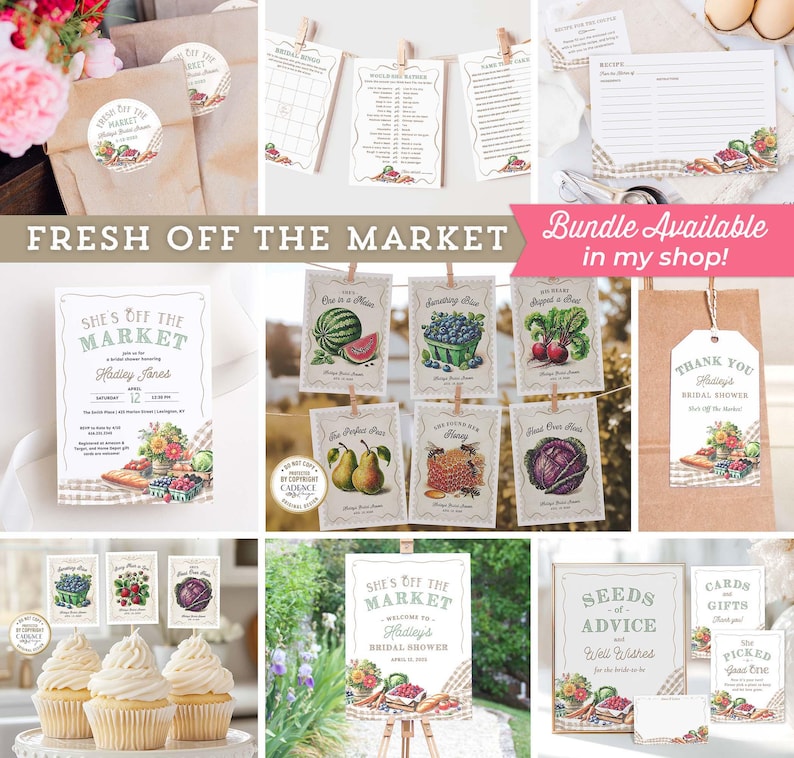 May include: A set of printable bridal shower decorations with a fresh off the market theme. The decorations feature a variety of fruits, vegetables, and other garden-themed imagery. The text on the decorations includes "She's Off the Market", "Seeds of Advice", and "Cards & Gifts".