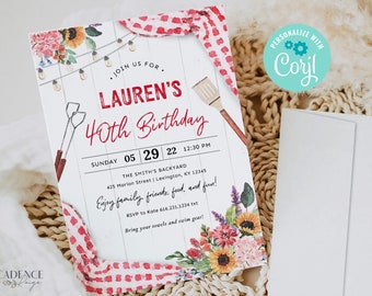May include: A red and white checkered picnic blanket with a floral design and a white wooden background. The text "JOIN US FOR LAUREN'S 40th BIRTHDAY" is printed in red. The date and time of the event are printed below the text. The text "THE SMITH'S BACKYARD 425 Marion Street | Lexington, KY 12345" is printed below the date and time. The text "Enjoy family, friends, food, and fun!" is printed below the address. The text "RSVP to Kate 616.231.1234 txt" is printed below the invitation. The text "Bring your towels and swim gear!" is printed below the RSVP information.