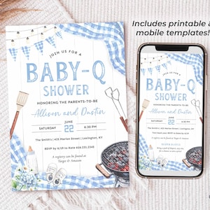 Invite guests to baby shower BBQ with this light blue Baby-Q shower invitation perfect for celebrating a baby boy on his way! This digital design features accents of  light blue gingham, twinkling lights, a matching bunting, all to inspire your decorations for a casual yet darling BBQ! The grilling tools, grill, baby shoes, bottle, and flowers can be deleted or moved if you prefer.